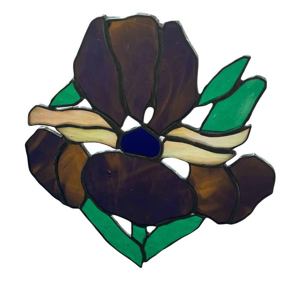 10” Iris Stained Glass Sun-catcher Window Hanging Purple Green Beautiful